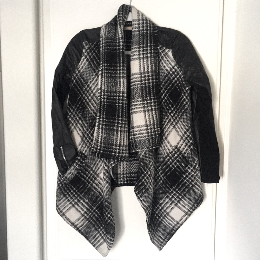 Black/white leather sleeved cascading jacket